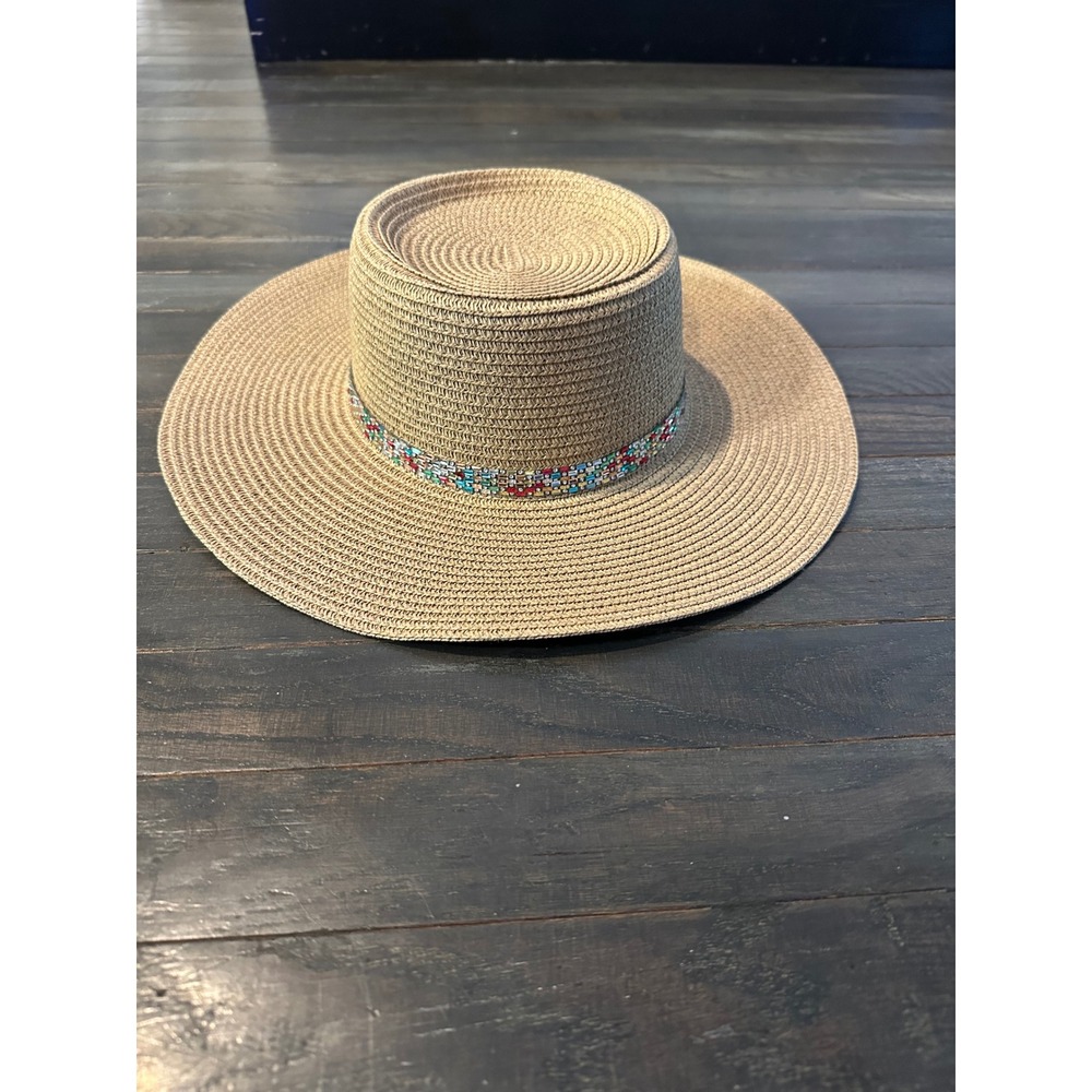 Marcus Adler Women Tan Straw Wide Brim Sun Hat Beaded Band Boater Beach Hat